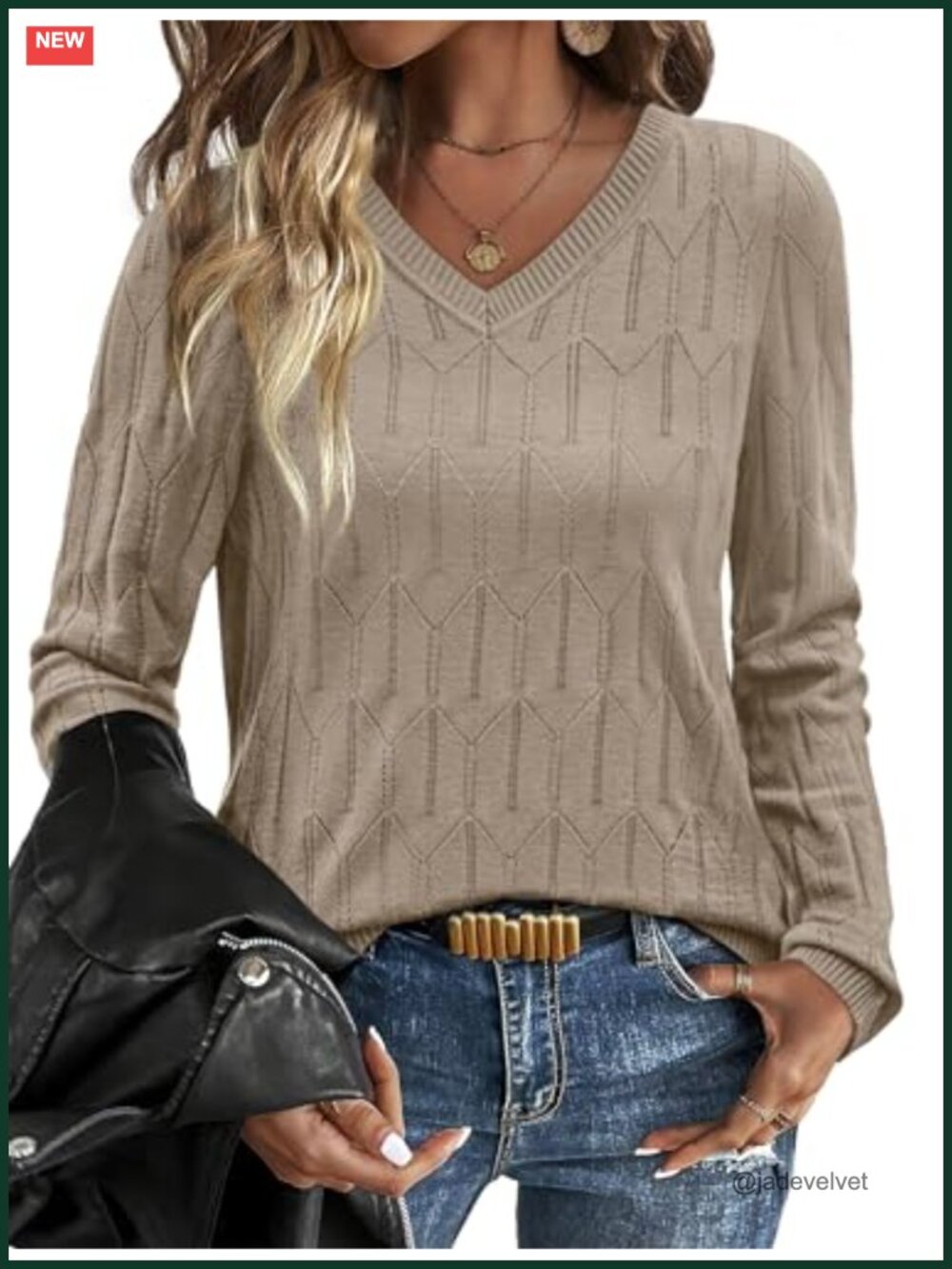 Women's V-Neck Knit Pullover Long Sleeve Sweater Fall Top Dressy Casual